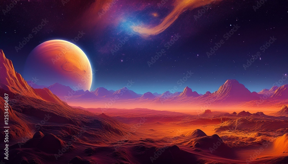 venus landscapes concept, the venus surface with dark night universe in background with stars venus landscapes concept, the venus surface with dark night universe in background with stars