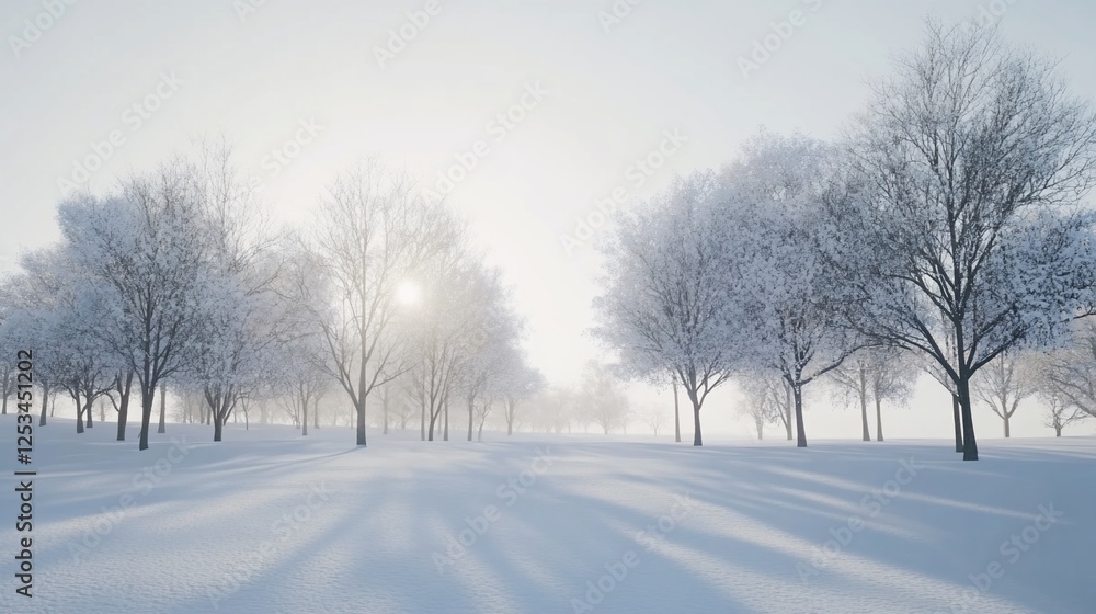 Winter's Serene Embrace A Snowy Forest Landscape with Bare Trees and Soft Sunlight Winter's Serene Embrace A Snowy Forest Landscape with Bare Trees and Soft Sunlight