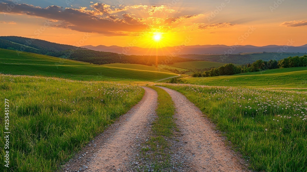 Sunset road winding through green hills Sunset road winding through green hills