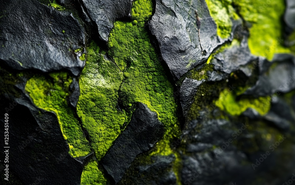 Vibrant green moss spreading on dark cracked rocks creating stunning natural patterns in a unique outdoor landscape representing growth and survival Vibrant green moss spreading on dark cracked rocks creating stunning natural patterns in a unique outdoor landscape representing growth and survival