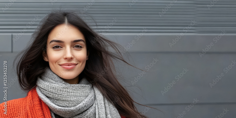 Woman with long hair smiles confidently on a city street in cool weather Woman with long hair smiles confidently on a city street in cool weather