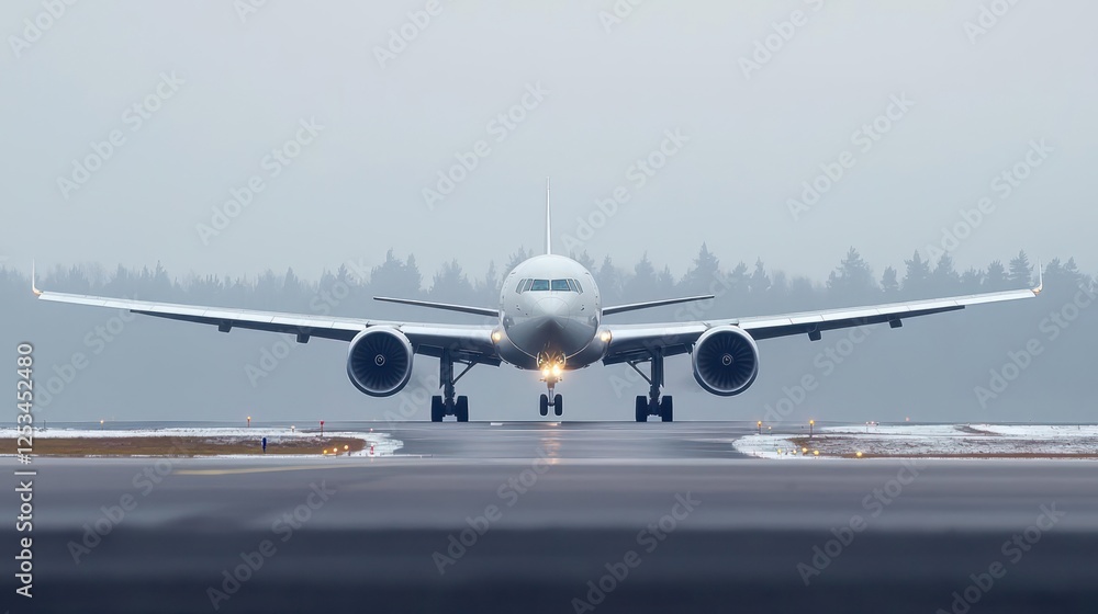 Naklejka premium Large Passenger Airplane Landing On Snowy Airport Runway