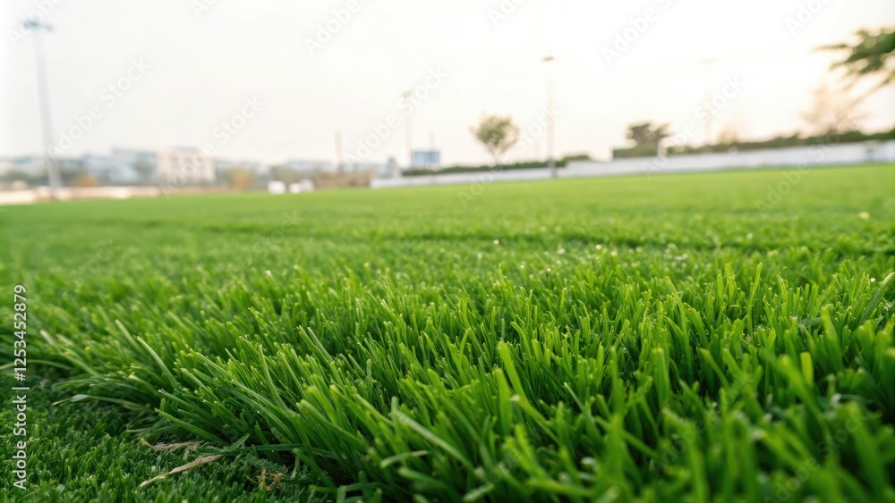Obraz premium Lush green artificial grass background with subtle texture and soft focus, verdant fields, natural fiber