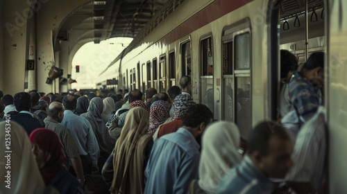 A crowded train in Egypt?s countryside carries commuters between cities; the journey showcasing reliance on aged yet essential infrastructure.