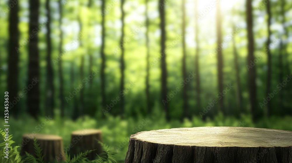 Sunlit forest scene featuring a tree stump surrounded by greenery and soft ferns in the background Sunlit forest scene featuring a tree stump surrounded by greenery and soft ferns in the background