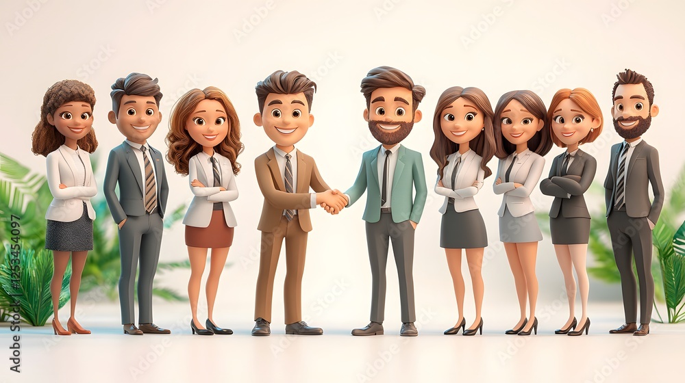 Obraz premium Happy executives shaking hands after successful business deal, 3D cartoon style
