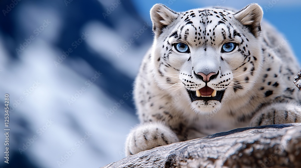 Obraz premium A snow leopard crouching on a rocky surface, showcasing its striking blue eyes against a blurred snowy mountain backdrop