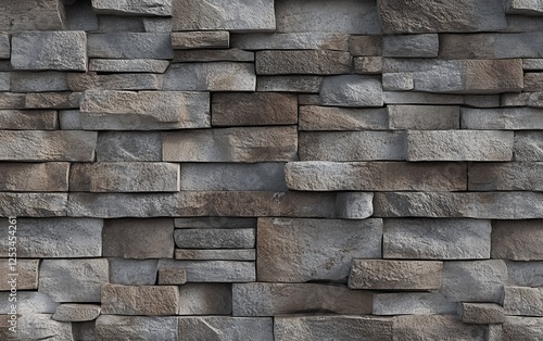 Gray stone wall with varied shades and rough texture creating a natural and rustic design element for building exteriors and interior projects photo