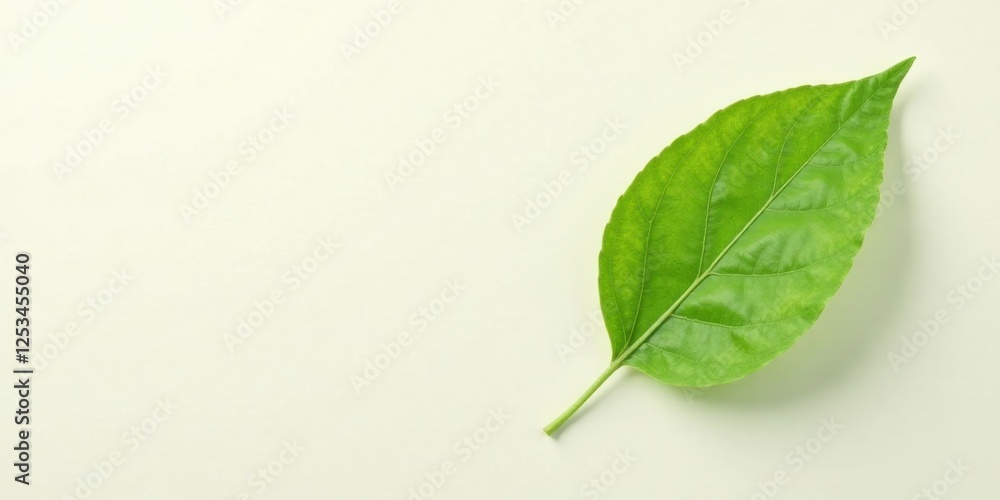Obraz premium A single vibrant green leaf rests elegantly on a pale background, showcasing its intricate vein structure and healthy, lush appearance.