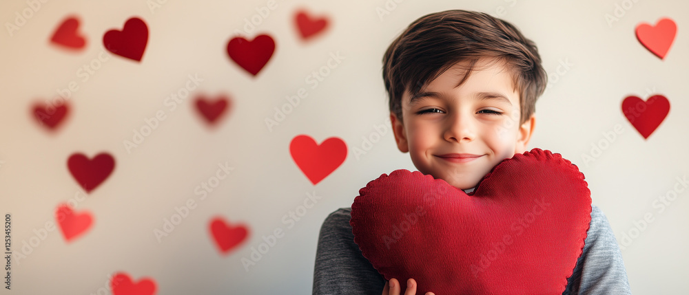 Boy holding a plush heart pillow with floating paper hearts circling him-9 Boy holding a plush heart pillow with floating paper hearts circling him-9