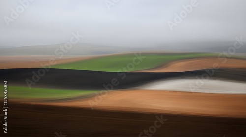 Abstract Landscape Painting: Rolling Hills and Fields in Misty Atmosphere
