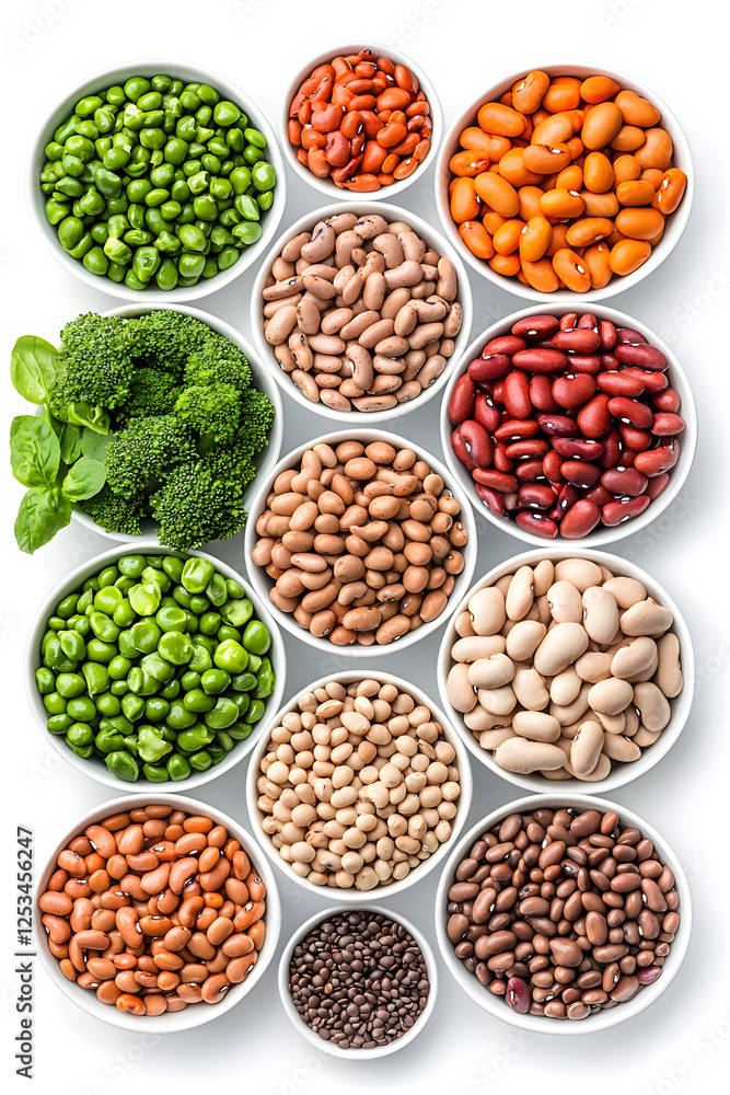 A white background with a variety of colorful beans and peas in bowls A white background with a variety of colorful beans and peas in bowls