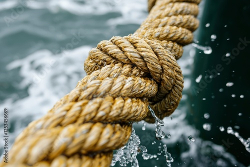 Closeup nautical rope knot in water splashes photo