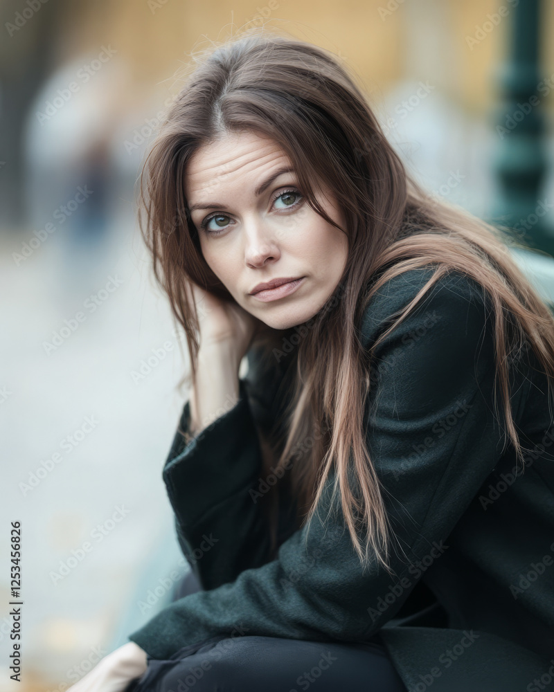 Woman sits pensively in a city park during autumn, reflecting on her thoughts and surroundings Woman sits pensively in a city park during autumn, reflecting on her thoughts and surroundings