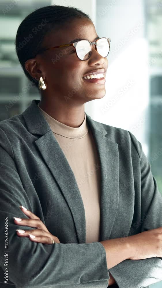 Business, black woman and thinking with smile in office as lawyer, legal consultant and corporate advice. Female attorney, reflection and legislation for public rights, justice and government defence Business, black woman and thinking with smile in office as lawyer, legal consultant and corporate advice. Female attorney, reflection and legislation for public rights, justice and government defence