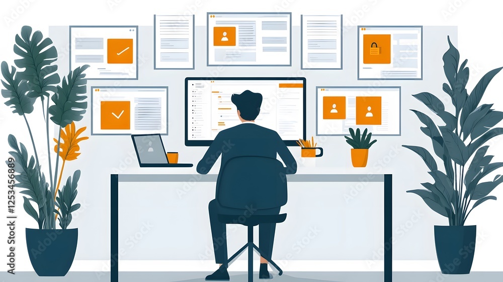 Fototapeta premium Employee working on deadline-driven projects with reminders popping up, flat vector style