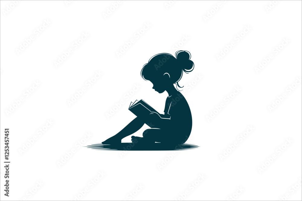 Silhouette little girl sitting on the floor reading book. Vector illustration. Silhouette little girl sitting on the floor reading book. Vector illustration.