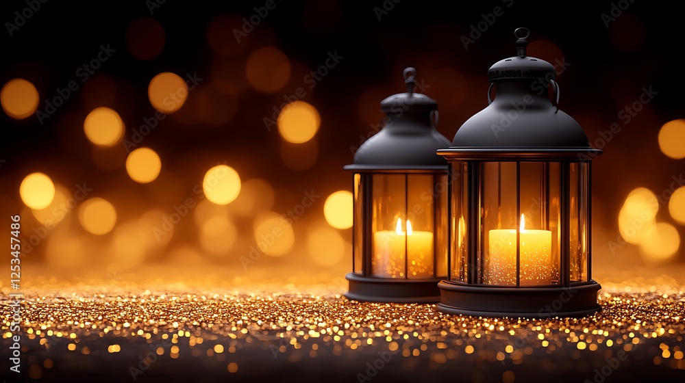 Elegant Ramadan table setup with lanterns and dates, blurred golden background. Elegant Ramadan table setup with lanterns and dates, blurred golden background.