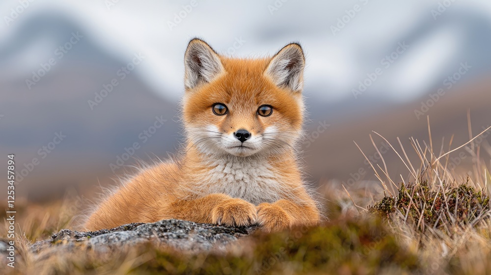 Fototapeta premium Red Fox Kit in Mountain Meadow. Possible use Children's book illustration