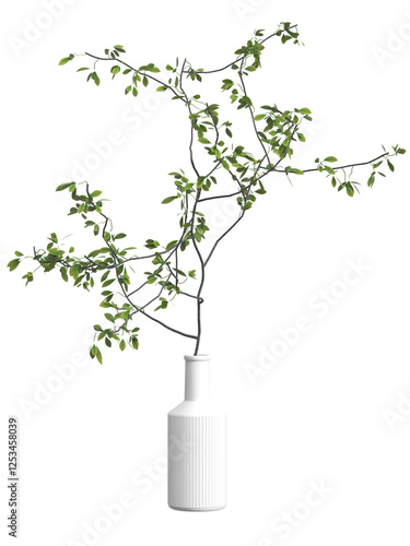 3d render of a plant with green leaves on branches in a white ribbed vase. isolated over transparent background, PNG cut-out