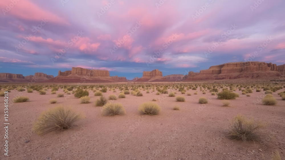 Fototapeta premium Majestic desert landscape with selective focus under a vibrant purple sky, selective focus, tranquility, wilderness