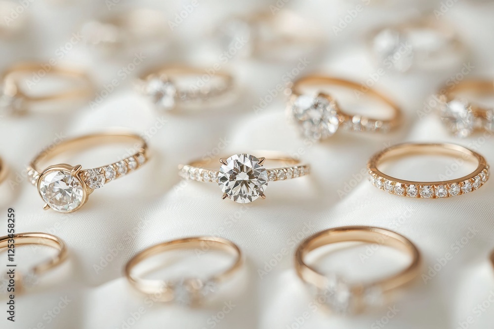 Sparkling collection of elegant gold and diamond rings displayed beautifully on a soft fabric surface. Generative AI Sparkling collection of elegant gold and diamond rings displayed beautifully on a soft fabric surface. Generative AI