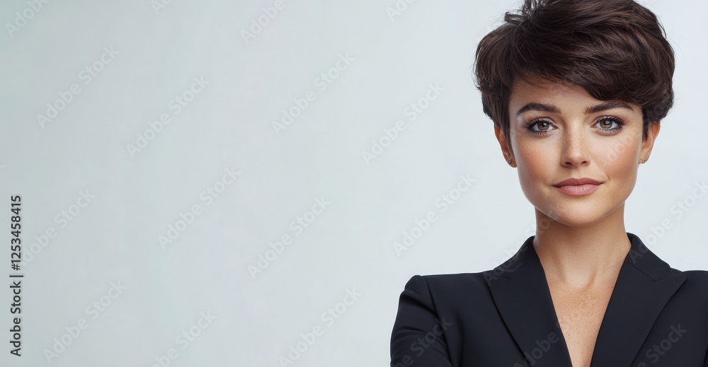 Professional woman with short hair poses confidently against a light background Professional woman with short hair poses confidently against a light background