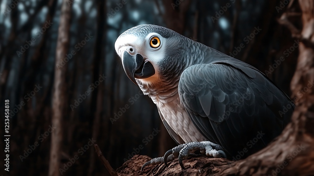 Obraz premium A striking gray parrot perched on a branch in a dark, mysterious forest, surrounded by blurred trees