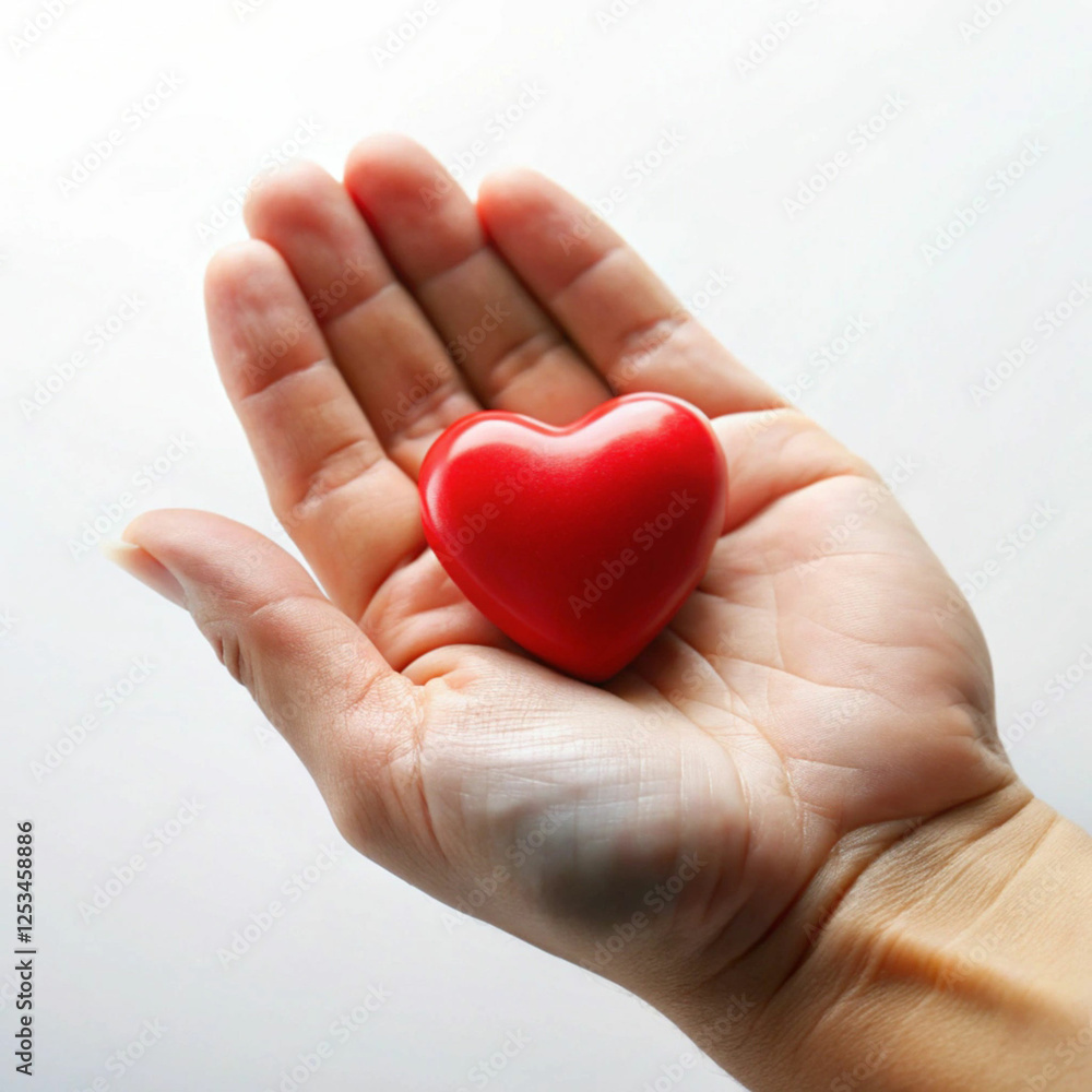 A hand holding a small red heart, symbolizing love, care A hand holding a small red heart, symbolizing love, care