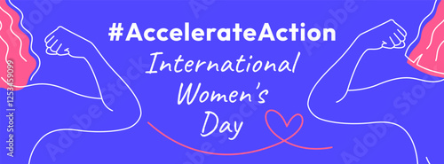 International Women's Day 2025 banner. Accelerate Action campaign pose. Outline women doing strength gesture with arm to show solidarity and support for women's rights and gender equality.