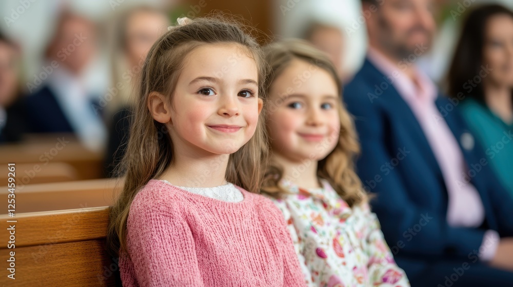 Fototapeta premium Two smiling young girls sit together in a church, surrounded by a group of adults, radiating joy and a sense of community.