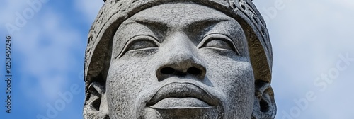 Close-up of a weathered stone statue s face with a serene expression, against a blue sky photo