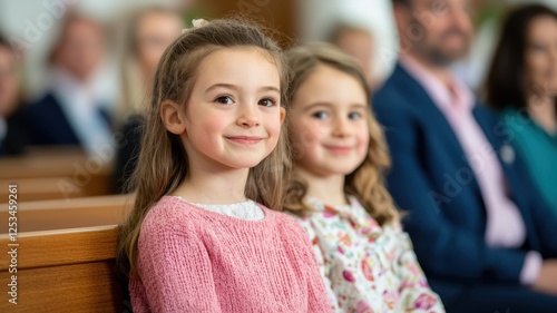 Two smiling young girls sit together in a church, surrounded by a group of adults, radiating joy and a sense of community.