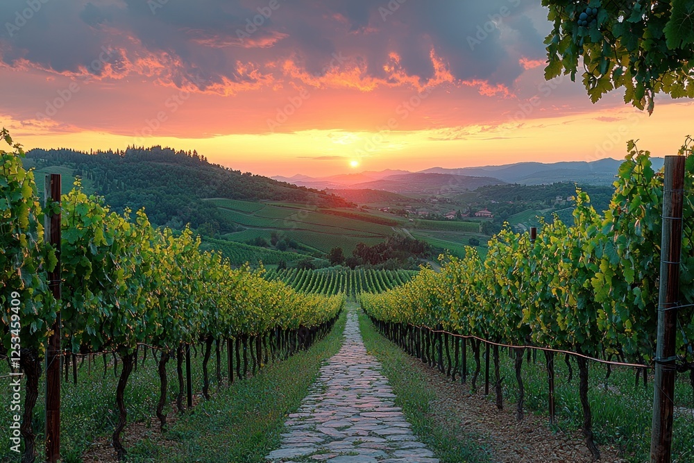 Naklejka premium Vineyard sunset path, rolling hills, colorful sky
