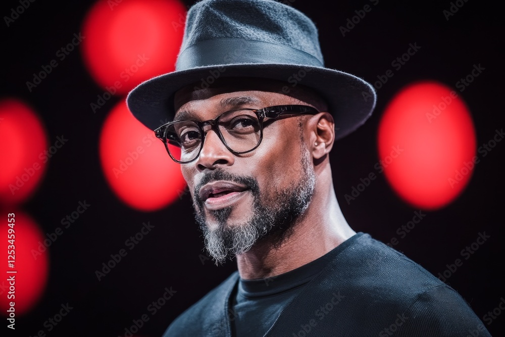 A TED Talk speaker passionately delivering an inspiring message A TED Talk speaker passionately delivering an inspiring message