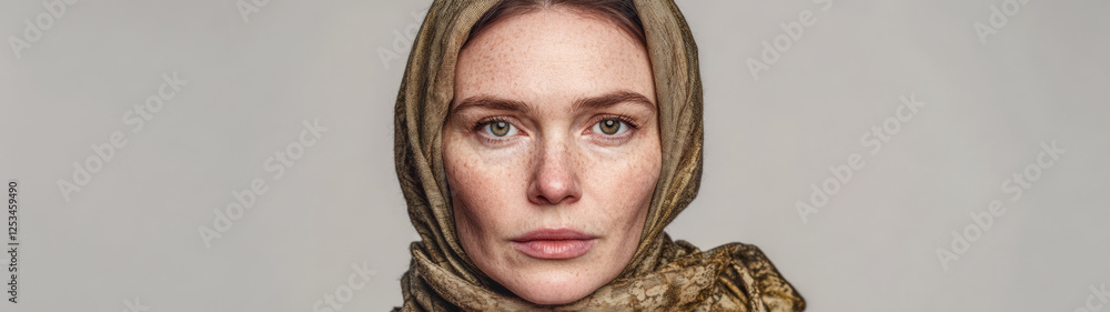 Woman in headscarf poses for a portrait with a neutral expression in a studio setting Woman in headscarf poses for a portrait with a neutral expression in a studio setting