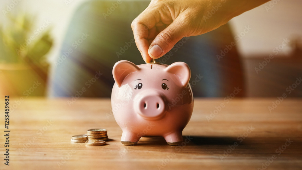 Close up, hand putting coins in piggy bank. Saving money and invest concept. Money saving for family expenses, invest property, investment of business, and for health care