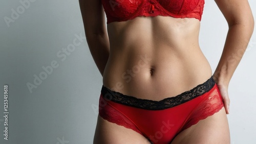 Obraz na płótnie Close-up of unretouched woman's belly in red underwear on grey background w salonie