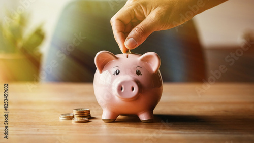 Obraz na płótnie Close up, hand putting coins in piggy bank. Saving money and invest concept. Money saving for family expenses, invest property, investment of business, and for health care w salonie