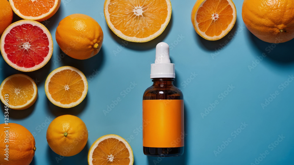 Citrus fruit vitamin c serum oil beauty care, anti aging natural cosmetic with fresh orange fruits on blue background, top view