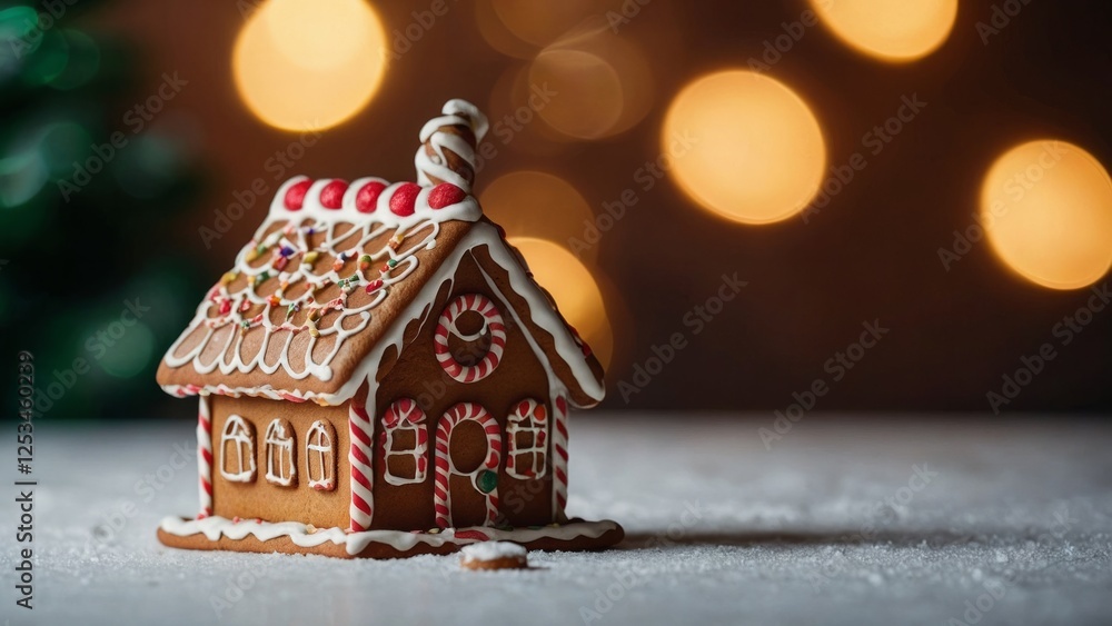 Christmas gingerbread house decoration on brown background of defocused golden lights. Hand decorated. The windows are lit up