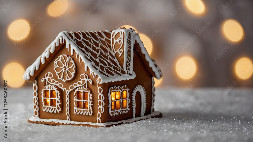 Christmas gingerbread house decoration on light background of defocused golden lights. Hand decorated. The windows are lit up