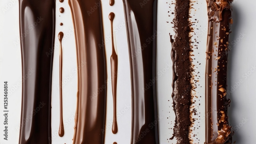 Milk, dark, bitter chocolate and with the addition of nuts in the form of smeared stripes on a white background