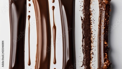 Obraz na płótnie Milk, dark, bitter chocolate and with the addition of nuts in the form of smeared stripes on a white background w salonie
