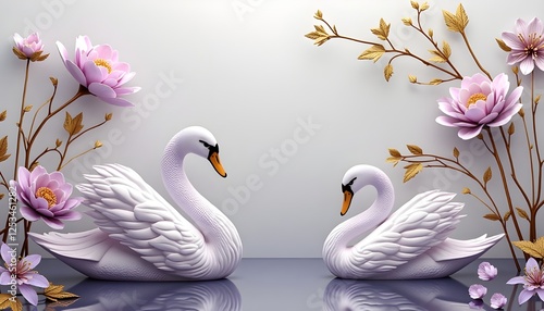 Wallpaper Mural white swans facing each other, framing a space filled with delicate, purple-toned flowers and golden accents,creating a peaceful and romantic atmosphere. Torontodigital.ca