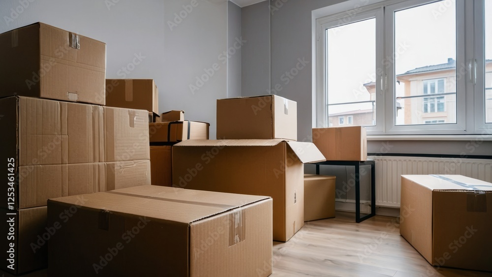Cardboard boxes in new apartment. Packed household stuff for moving into new house