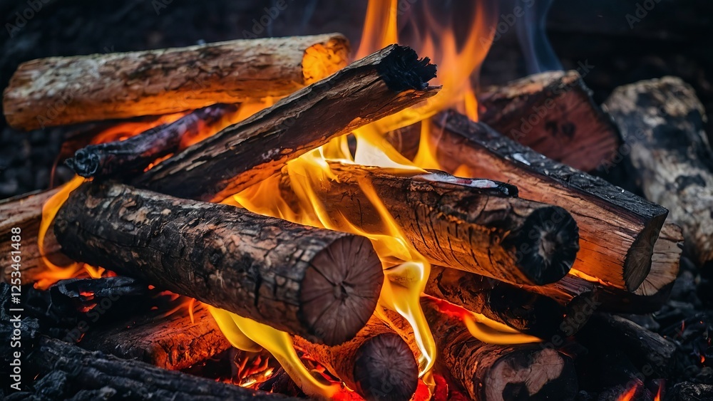 Burning firewood and coals of a fire close up. Background for grilled food with fire.