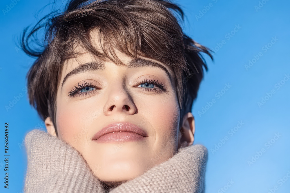 Young woman with short hair smiles against a clear blue sky while wearing a cozy scarf Young woman with short hair smiles against a clear blue sky while wearing a cozy scarf