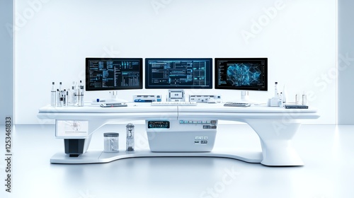 a futuristic chemistry workstation with AI integration, cyberfuturistic aesthetics, ultradetailed, isolated on white background photo