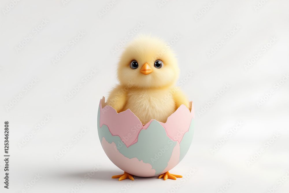 Adorable fluffy Easter chick nestled inside a pastel pink and teal cracked decorative eggshell on a pure white background symbolizing springtime and new beginnings Adorable fluffy Easter chick nestled inside a pastel pink and teal cracked decorative eggshell on a pure white background symbolizing springtime and new beginnings